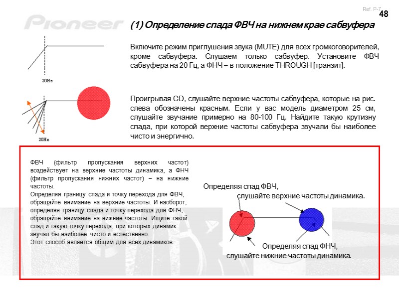 48 ФВЧ (фильтр пропускания верхних частот) воздействует на верхние частоты динамика, а ФНЧ (фильтр
